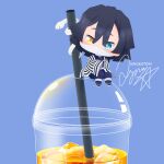  1boy black_hair blue_background blush chibi chibi_only commentary drinking_straw full_body hair_between_eyes heterochromia ice ice_cube iced_tea iguro_obanai kimetsu_no_yaiba kinokorin looking_at_viewer male_focus mask mouth_mask oversized_food oversized_object short_hair snake symbol-only_commentary white_snake wide_sleeves 