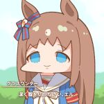  1girl animal_ears blue_bow blue_eyes blue_jacket bow brown_hair chibi closed_mouth ear_bow eyebrows_visible_through_hair false_smile grass_wonder_(umamusume) horse_ears jacket long_hair sailor_collar smile solo takato_kurosuke tareme translated umamusume white_sailor_collar 