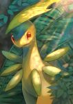  bayleef blurry closed_mouth commentary_request day gen_2_pokemon highres kikuyoshi_(tracco) leaf light_beam no_humans orange_eyes outdoors plant pokemon pokemon_(creature) smile solo standing 