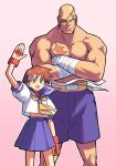  1boy 1girl bald bandaged_hand bandages blank_eyes blue_sailor_collar blue_shorts blue_skirt boxing_shorts brown_eyes brown_hair clenched_hand crop_top crossed_arms eyepatch fingerless_gloves gloves gradient_background headband highres kasugano_sakura looking_at_viewer midriff muscular neckerchief open_mouth pink_background pleated_skirt puffy_short_sleeves puffy_sleeves red_gloves sagat sailor_collar scar scar_on_chest scar_on_face school_uniform serafuku shirt short_hair short_sleeves shorts skirt smile spdcooler street_fighter street_fighter_zero_(series) topless_male waving white_headband white_shirt yellow_neckerchief 