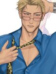  1boy aransmind artist_name blonde_hair blue_shirt green_eyes hand_on_own_head highres holding_necktie ibispaint_(medium) jujutsu_kaisen light_blush looking_to_the_side mole mole_on_neck nanami_kento necktie parted_lips partially_unbuttoned rectangular_eyewear shirt sweatdrop veins veiny_hands watch white_background wristwatch yellow_necktie zoom_layer 