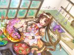  animal_ears apron bow breasts brown_hair cleavage fire flowers food fruit headdress lolita_fashion long_hair maid original otosume_ruiko purple_eyes tail tentacles watermelon wink wristwear 