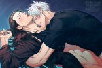  2boys arm_around_back arm_up black_hair black_shirt closed_eyes colored_eyelashes commentary_request dutch_angle earrings getou_suguru gojou_satoru groin jewelry jujutsu_kaisen long_hair long_sleeves male_focus multiple_boys nkraae open_clothes open_mouth open_shirt piercing plug_(piercing) shirt short_sleeves smile t-shirt teeth upper_teeth_only watermark white_hair yaoi 