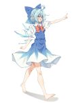  1girl absurdres ahoge barefoot blue_bow blue_eyes blue_hair blue_skirt blue_vest blush bow bowtie cirno collared_shirt commentary_request detached_wings fang full_body hair_bow highres ice ice_wings looking_at_viewer open_mouth pointing puffy_short_sleeves puffy_sleeves red_bow red_bowtie seika_okawari shadow shirt short_sleeves simple_background skin_fang skirt smile solo toes touhou vest white_background white_shirt wings 