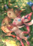  ;d blue_eyes blurry brown_eyes commentary_request from_above gen_4_pokemon gen_6_pokemon grass highres kikuyoshi_(tracco) leaf leafeon no_humans one_eye_closed open_mouth pokemon pokemon_(creature) smile sylveon toes tongue 