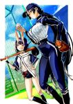  2girls ball bangs banned_artist baseball baseball_bat baseball_cap baseball_jersey baseball_mitt baseball_uniform bob_cut breasts clothes_writing eyeliner fate/grand_order fate_(series) hat high-waist_pants holding holding_ball holding_baseball_bat horns iwamoto_eiri large_breasts long_hair looking_at_viewer low-tied_long_hair makeup minamoto_no_raikou_(fate) multiple_girls oni oni_horns parted_bangs purple_eyes purple_hair short_hair shuten_douji_(fate) skin-covered_horns smile sportswear uniform very_long_hair 