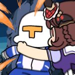  1boy 1girl animal_ears back_bow blue_track_suit bow braid braided_hair_rings broly_(dragon_ball_z) chibi chibi_only commentary dragon_ball dragon_ball_z earrings gentildonna_(umamusume) hair_rings horse_ears horse_girl jazz_jack jewelry lariat lowres motion_blur outdoors parody red_eyes rock scene_reference short_sleeves t-head_trainer_(umamusume) track_suit trainer_(umamusume) umamusume 