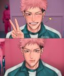  1boy aransmind artist_name before_and_after brown_eyes cosplay dual_persona green_jacket green_track_suit highres ibispaint_(medium) itadori_yuuji jacket jujutsu_kaisen kubrick_stare light_blush meme multiple_views one_eye_closed photo_background pink_hair scar scar_on_face scar_on_lip short_hair smile squid_game track_suit v year_1_&amp;_year_2_(squid_game)_(meme) 