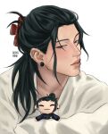  1boy absurdres aransmind artist_name black_hair blanket character_doll claw_hair_clip covering_with_blanket doll ear_piercing eyebrow_piercing face_piercing folded_hair getou_suguru hair_ornament hairclip half_updo highres ibispaint_(medium) jujutsu_kaisen lip_piercing lips looking_at_viewer medium_hair mole mole_on_cheek piercing plug_(piercing) purple_eyes simple_background white_background 