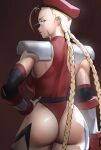  1girl absurdres arm_at_side armor ass beret blonde_hair blue_eyes bodypaint braid breasts cammy_white closed_mouth commentary cosplay cowboy_shot english_commentary eye_trail hand_on_own_hip hat highleg highleg_leotard highres leotard light_trail long_hair looking_at_viewer looking_back low_twin_braids m._bison m._bison_(cosplay) medium_breasts official_alternate_costume profile red_hat red_leotard scar scar_on_cheek scar_on_face shoulder_armor solo standing street_fighter street_fighter_iv_(series) thong_leotard twin_braids very_long_hair zukululuu 