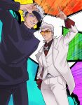  2boys abstract_background adjusting_eyewear arm_behind_back aza_jpg belt black_eyes black_shirt blue_eyes coat collared_shirt cowboy_shot crossover gojou_satoru hair_slicked_back hand_in_pocket highres jujutsu_kaisen jujutsu_tech_uniform male_focus mullet multiple_boys necktie one_eye_covered power_connection red_necktie shirt snapping_fingers spiked_hair to_be_hero to_be_hero_x vest white_coat white_hair white_vest x_(symbol) x_(to_be_hero_x) 