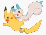  ;d blush commentary_request gen_1_pokemon gen_4_pokemon grey_eyes kikuyoshi_(tracco) no_humans one_eye_closed open_mouth outstretched_arms pachirisu pikachu pokemon pokemon_(creature) simple_background smile toes tongue white_background 
