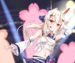  1girl arm_behind_head armpits ayanami_(azur_lane) ayanami_(troubled_star_idol)_(azur_lane) azur_lane bangs blurry blush bow commentary_request concert depth_of_field detached_sleeves embarrassed eyebrows_visible_through_hair frilled_skirt frills hair_between_eyes hair_bow hair_ornament hair_ribbon hairclip headgear idol long_hair long_sleeves looking_at_viewer microphone midriff navel official_alternate_costume orange_eyes plaid plaid_skirt pleated_skirt retrofit_(azur_lane) ribbon sidelocks silver_hair skirt solo spotlight tamariyazuna wavy_mouth wide_sleeves 