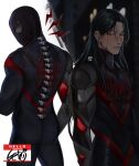  1boy alternate_costume animal_print aransmind artist_name back black_bodysuit black_hair blood blood_on_cheek blood_on_face blood_on_nose bodysuit character_name cosplay cowboy_shot ear_piercing eye_piercing eyebrow_piercing face_piercing getou_suguru highres ibispaint_(medium) jujutsu_kaisen lip_piercing long_hair looking_at_viewer looking_back male_focus marvel mask mechanical_arms multiple_views night no_mask nose_piercing parted_bangs piercing plug_(piercing) purple_eyes red-eye_effect red_trim single_mechanical_arm spider-man:_across_the_spider-verse spider-man_(miles_morales) spider-man_(miles_morales)_(cosplay) spider-man_(series) spider-sense_(spider-man) spider-verse spider_print spider_web_print standing superhero_costume 