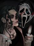  2boys absurdres american_horror_story aransmind artist_name black_background black_cloak black_hair black_nails black_tank_top blood blood_on_knife blood_on_mask chest_tattoo cigarette cloak cosplay cracked_mask cyber_sigilism ear_piercing eyebrow_piercing face_piercing facial_tattoo flaming_eye getou_suguru ghost_mask ghostface ghostface_(cosplay) gojou_satoru highres holding holding_knife holding_lighter hood hood_up hooded_cloak ibispaint_(medium) jewelry jujutsu_kaisen knife light_trail lighter lip_piercing looking_at_viewer multiple_boys neck_tattoo nose_piercing parted_lips piercing plug_(piercing) purple_eyes ring scream_(movie) skull_tattoo tank_top tattoo white_hair zippo_lighter 