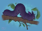 2025 ambiguous_gender arthropod blue_background branch caterpillar digital_media_(artwork) feral fur hair hybrid insect lagomorph larva leaf leaf_in_mouth leporid mammal multi_leg multi_limb on_branch purple_body purple_fur purple_hair rabbit simple_background solo taffywabbit tail