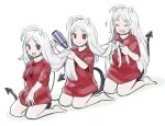  3girls animal_ears blush cerberus_(helltaker) demon_tail helltaker hinasera_aya multiple_girls red_eyes red_shirt shirt smile tail white_hair 