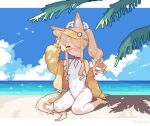  1girl above-cleavage_cutout animal_ear_fluff animal_ears barefoot beach blonde_hair blue_archive blue_sky clothing_cutout cloud cross_halo day diamond_cutout fox_ears fox_girl halo highleg highleg_one-piece_swimsuit jacket lav2pix long_hair looking_at_viewer ocean official_alternate_costume official_alternate_hairstyle one-piece_swimsuit orange-tinted_eyewear outdoors palm_tree pixel_art sand seia_(blue_archive) seia_(swimsuit)_(blue_archive) shore side_ponytail sitting sky solo sunglasses swimsuit tail tinted_eyewear tree visor_cap water white_one-piece_swimsuit yellow_halo yellow_jacket yellow_visor 