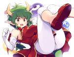  1girl bangs brown_eyes china_dress chinese_clothes clenched_hands commentary draco_centauros dragon_girl dragon_horns dragon_tail dragon_wings dress elbow_gloves fang flats floating gloves green_hair horns leggings looking_at_viewer medium_dress odawara_hakone open_mouth pointy_ears puyopuyo red_dress red_footwear red_wings short_hair sleeveless sleeveless_dress slime_(creature) smile solo tail white_gloves white_legwear wings yellow_horns 