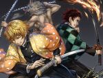  3boys agatsuma_zenitsu black_hair black_jacket black_pants blonde_hair blue_eyes checkered clenched_teeth closed_eyes coffee_tart dual_wielding earrings fire gradient_hair grey_background hanafuda haori hashibira_inosuke holding holding_sheath holding_sword holding_weapon jacket japanese_clothes jewelry kamado_tanjirou katana kimetsu_no_yaiba long_sleeves male_focus multicolored_hair multiple_boys pants red_eyes red_hair sheath sheathed sword teeth topless veins weapon 