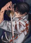  1boy absurdres artist_name black_hair blood blood_on_arm blood_on_clothes blood_on_face blue_eyes closed_mouth commentary highres holding holding_weapon jujutsu_kaisen jujutsu_tech_uniform looking_at_viewer male_focus okkotsu_yuuta rei_(poro06625649) short_hair solo symbol-only_commentary twitter_username upper_body weapon 