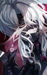  1boy asgx_7135 bandage_over_one_eye bandages bandages_over_mouth black_bandages finger_heart genshin_impact heart highres long_hair looking_at_viewer male_focus purple_eyes rerir_(genshin_impact) short_hair solo upper_body white_hair 