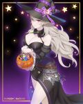  1girl absurdres artist_name bare_shoulders basket belt black_dress black_hat breasts brown_belt candy cleavage cowboy_shot dress female_corrin_(fire_emblem) female_corrin_(halloween)_(fire_emblem) fire_emblem fire_emblem_fates fire_emblem_heroes food grey_hair halloween halloween_costume halterneck hat highres holding holding_basket juliet_sleeves kaos_art large_breasts long_hair long_sleeves looking_at_viewer off-shoulder_dress off_shoulder official_alternate_costume patreon_username pink_eyes puffy_sleeves smile solo standing thighs very_long_hair witch witch_hat 