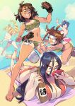  5girls ahoge bandaged_fingers bandaged_wrist bandages barefoot beach beach_towel bikini blonde_hair blue_eyes blue_hair blue_sky bottle breasts brown_eyes brown_hair camouflage camouflage_bikini camouflage_gloves character_request clenched_hand closed_eyes closed_mouth cloud commentary day drill_hair english_commentary eyelashes glasses gloves green_bikini green_eyes green_gloves hand_on_own_hip headband highres holding holding_bottle large_breasts long_hair lying medium_hair multiple_girls navel on_stomach open_mouth outdoors outline pink_bikini rafchu reaching red_bikini shiny_skin short_hair skull_ornament sky smile standing stomach street_fighter sweatdrop swimsuit tan tanlines teeth towel twin_drills volleyball water white_headband white_outline 