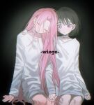  2girls alien_stage black_hair chinese_commentary choker closed_eyes commentary_request dress german_text highres long_hair long_sleeves mizi_(alien_stage) multiple_girls pink_hair purple_eyes sea_foam short_hair sitting song_name sua_(alien_stage) very_long_hair white_choker white_dress 