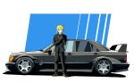  1girl absurdres ahoge artoria_pendragon_(fate) black_car black_gloves black_jacket black_necktie black_pants black_suit blonde_hair blue_eyes brown_shoes car collared_shirt fate/zero fate_(series) gloves goldframe highres jacket looking_at_viewer mercedes-benz mercedes-benz_190e motor_vehicle necktie pants saber_(fate) shadow shirt shoes solo spoiler_(automobile) suit vehicle_focus 