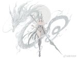  1girl circle douluo_dalu dragon dress grey_dress gu_yuena long_hair moon polearm silver_hair spear weapon weibo_id weibo_logo white_background 