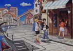  3boys akihare architecture black_hair blonde_hair bridge brothers eating food highres ice_cream jacket male_focus monkey_d._luffy multiple_boys one_piece portgas_d._ace river sabo_(one_piece) shop siblings smile storefront walking 
