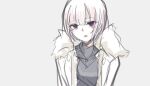  1girl anastasia_(idolmaster) black_shirt brown_hair fur-trimmed_jacket fur_trim grey_background idolmaster idolmaster_cinderella_girls jacket kawamochi_(kawauti919) looking_at_viewer open_clothes open_jacket open_mouth purple_eyes shirt simple_background sketch solo upper_body white_jacket 