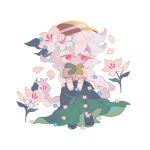  1girl absurdly_long_hair black_shoes blush braid braided_ponytail brown_hat chibi chibi_only closed_mouth colored_eyelashes commentary cookie_run cookie_run:_kingdom double-parted_bangs film_grain flower full_body green_skirt hair_between_eyes hair_flaps hair_flower hair_ornament hat humanization leaf long_hair long_skirt looking_ahead red_eyes reed shirt shoes short_sleeves simple_background single_braid skirt smile solo standing symbol-only_commentary very_long_hair white_background white_eyelashes white_flower white_hair white_lily white_lily_cookie white_petals yellow_shirt 