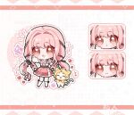  1girl :o ^_^ ahoge animal aying99792 bare_shoulders belt black_belt black_bow black_ribbon bow bow_legwear bowtie bra_strap brown_eyes cat center_frills chibi cloak close-up closed_eyes closed_mouth clothed_animal cross-laced_clothes cross-laced_legwear dot_nose ear_covers eyes_visible_through_hair frilled_shirt frilled_skirt frilled_sleeves frills hair_bow hair_intakes hair_ribbon happy hood hood_up hooded_cloak infinity_nikki kneehighs layered_skirt light_blush long_hair long_sidelocks long_sleeves low_twintails momo_(nikki) navel nikki_(nikki) nikki_(series) off-shoulder_shirt off_shoulder open_mouth perfect_start_(infinity_nikki) pink_bow pink_hair pink_shoes pink_skirt pleated_skirt polka_dot polka_dot_background puffy_long_sleeves puffy_sleeves red_bow red_bowtie ribbon sample_watermark shirt shoes sidelocks skirt sleeves_past_wrists smile socks star_(symbol) tareme too_many_watermarks traditional_bowtie tress_ribbon twintails very_long_hair watermark watermark_grid wavy_hair whimstar_(infinity_nikki) white_background white_cat white_shirt white_skirt white_socks yarn yellow_cloak 