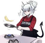  1girl apron demon_girl demon_horns demon_tail food helltaker hinasera_aya horns lucifer_(helltaker) pancake red_eyes red_shirt shirt tail translation_request white_hair 