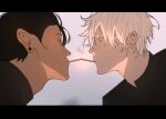  2boys artist_name black_hair blue_eyes cigarette_kiss colored_eyelashes eyelashes from_side getou_suguru gojou_satoru hair_pulled_back highres jujutsu_kaisen jujutsu_tech_uniform letterboxed light_blush male_focus mouth_hold multiple_boys plug_(piercing) short_hair white_hair wiistef yaoi 