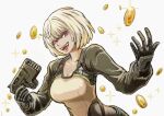  1girl blonde_hair breasts coin cropped_torso finger_on_trigger gloves gold_coin gun handgun holding holding_gun holding_weapon looking_at_viewer medium_breasts murderess_(xenoblade_x) nemimin open_mouth purple_eyes short_hair simple_background solo sparkle teeth upper_body upper_teeth_only weapon white_background white_hair xenoblade_chronicles_(series) xenoblade_chronicles_x 