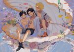 3boys akihare brothers clam coral fish halo highres jewelry male_focus monkey_d._luffy multiple_boys necklace one_piece open_clothes open_shirt portgas_d._ace sabo_(one_piece) scar short_hair short_sleeves shorts siblings topless_male underwater 