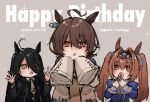  3girls :o absurdres agnes_tachyon_(tach-nology)_(umamusume) agnes_tachyon_(umamusume) ahoge animal_ears black_hair black_jacket black_shirt blue_jacket brown_eyes brown_hair brown_necktie character_name collared_shirt daiwa_scarlet_(peak_blue)_(umamusume) daiwa_scarlet_(umamusume) dated fang grey_background hair_between_eyes hair_intakes hair_over_one_eye hand_to_own_mouth hands_up happy_birthday highres horse_ears jacket juliet_sleeves kogeta_kaori lab_coat long_hair long_sleeves manhattan_cafe_(creeping_black)_(umamusume) manhattan_cafe_(umamusume) multicolored_hair multiple_girls necktie open_clothes open_jacket puffy_sleeves red_eyes shirt simple_background sleeves_past_fingers sleeves_past_wrists star_(symbol) sweater_vest tiara twintails two-tone_hair umamusume umapyoi_densetsu very_long_hair white_hair white_shirt 