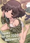  1girl akiyama_yukari backpack bag barefoot black_socks blush brown_eyes brown_hair camisole camouflage camouflage_shirt commentary dolphin_shorts ehirorotoon english_text frown girls_und_panzer green_shirt green_skirt grey_camisole grey_shorts hair_ornament hairclip half-closed_eyes highres holding_tank_shell leaning_forward long_sleeves looking_at_viewer loungewear messy_hair milestone_celebration on_floor open_clothes open_shirt pleated_skirt school_uniform serafuku shirt short_hair short_shorts shorts sitting skirt sleepy socks solo tatami twitter_username unworn_shirt unworn_skirt unworn_socks wariza white_shirt 