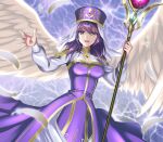  1girl :d angel_wings breasts commentary_request dress eremiya fire_emblem fire_emblem:_new_mystery_of_the_emblem fire_emblem_heroes hat highres holding holding_staff kakiko210 long_dress looking_at_viewer medium_breasts medium_hair purple_dress purple_eyes purple_hair purple_headwear smile solo staff white_feathers white_veil white_wings wings 