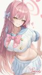  1girl absurdres ahoge blonde_hair blue_archive blue_sailor_collar blush bow bowtie collarbone commentary_request cropped_shirt gradient_hair green_eyes grin groin hair_bow halo hanako_(blue_archive) heart highres long_braid long_hair looking_at_viewer miniskirt multicolored_hair navel pennosuke pink_bow pink_bowtie pink_hair pleated_skirt sailor_collar school_uniform serafuku short_sleeves signature simple_background skirt smile solo stomach very_long_hair white_background white_bow white_serafuku 