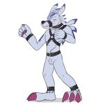 anthro armcuff bandai_namco bdsm belt belt_buckle black_harness blush bondage bound buckle claws digimon digimon_(species) fuze genitals harness hi_res humiliation legcuff male muzzle_(object) nude penis purple_claws simple_background solo teeth_showing weregarurumon white_background