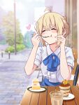  1girl :3 absurdres ahoge artoria_pendragon_(fate) blonde_hair blue_bow blue_bowtie blue_skirt blurry blurry_background blush_stickers bow bowtie cake cake_slice closed_eyes closed_mouth commentary_request cup dessert eating fate/stay_night fate_(series) food fork highres holding holding_fork notonaon outdoors photo-referenced saber_(fate) shirt sitting skirt solo table white_shirt wooden_table 