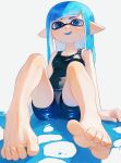 1girl barefoot bike_shorts black_shorts blue_eyes blue_hair blue_pupils feet foot_focus highres ink inkling inkling_girl inkling_player_character kodak_painter long_hair looking_at_viewer paint pointy_ears shorts simple_background sitting smile soles solo splatoon_(series) splatoon_3 sweat tentacle_hair toes white_background 