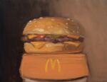  box bread bread_bun burger cheese english_commentary food food_focus ketchup logo mcdonald&#039;s meat no_humans noah_verrier oil_painting_(medium) original painting_(medium) pickle sesame_seeds signature still_life traditional_media 