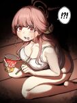  ! 1girl ? absurdres aru_(blue_archive) barefoot blue_archive blush chopsticks chroong commentary_request cup_ramen food food_on_face halo highres holding holding_chopsticks horns korean_commentary long_hair looking_at_viewer open_mouth panties pink_hair red_eyes seiza sitting solo spoken_exclamation_mark spoken_question_mark sweatdrop tank_top underwear white_panties 
