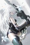  1girl a2_(nier:automata) bare_shoulders black_armlet black_gloves black_tank_top black_thighhighs blue_eyes blurry blurry_background breasts closed_mouth embers english_commentary feet_out_of_frame fighting_stance flower gloves hair_over_one_eye highres holding holding_sword holding_weapon long_hair mole mole_under_mouth nier:automata nier_(series) solo sword tank_top thighhighs tomozoo83 weapon white_flower white_hair 