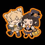  1boy 1girl =_= animal_ears animal_hands bandaged_ear bat_wings bell bib_collar black_background black_cloak black_eyes black_shoes black_vest blonde_hair bow bowtie brooch brown_hair brown_shirt bucket buttons candy chibi cloak collar endoftheworld600 fake_animal_ears fake_claws fake_pointy_ears fang flat_color food frilled_collar frilled_vest frills fur-trimmed_cloak fur_trim gloves grey_gloves grey_shoes hair_between_eyes halftone halloween halloween_bucket halloween_costume happy hat hat_ornament high_five holding holding_bucket iwakura_mitsumi jack-o'-lantern jack-o'-lantern_hat_ornament jewelry light_blush long_sleeves looking_at_viewer mary_janes messy_hair mini_hat mini_top_hat neck_bell no_pants no_socks open_mouth orange_bow orange_bowtie orange_outline outline paw_gloves paw_shoes pointy_ears puffy_long_sleeves puffy_shorts puffy_sleeves purple_collar purple_hat purple_shorts shima_sousuke shirt shoes short_hair shorts simple_background skip_to_loafer smile standing stitches top_hat torn_clothes torn_shirt vampire_costume vest werewolf_costume white_shirt wings wolf_ears 